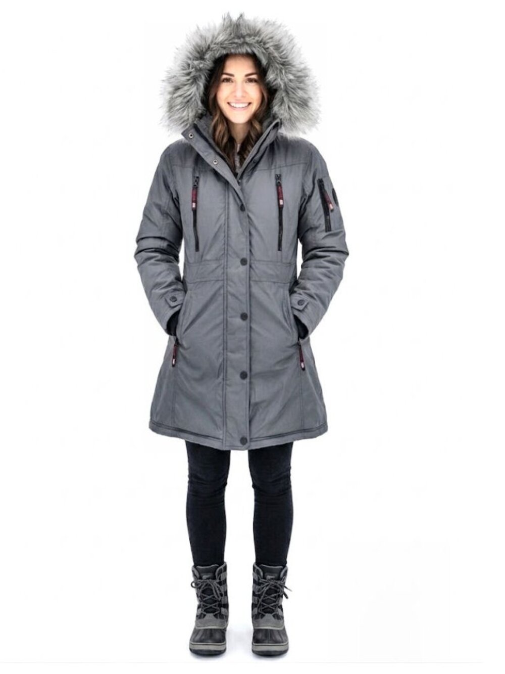 Canada Weather Gear Triple Blast Faux Fur Trim Parka, Slate Gray, Womens Size S